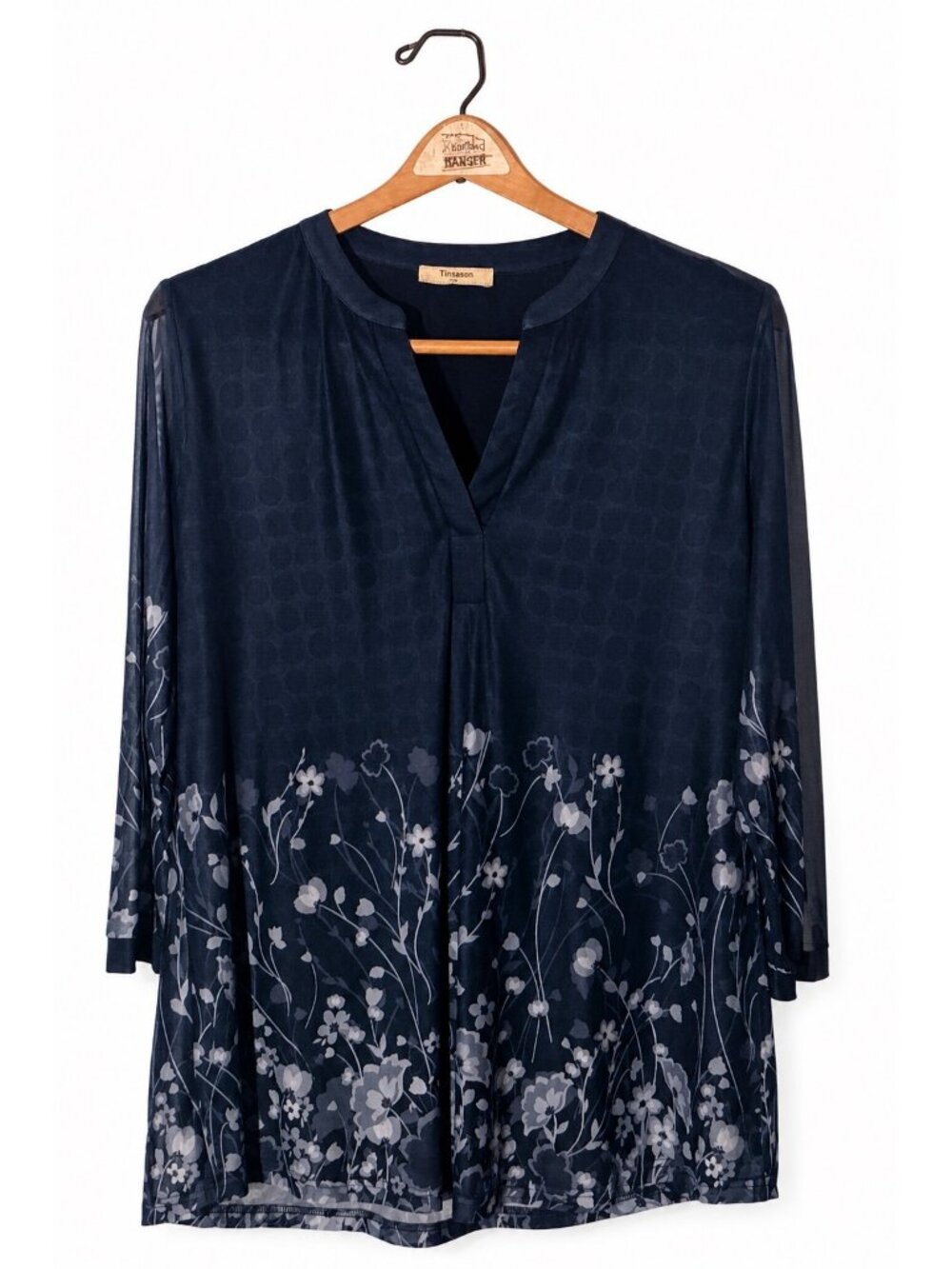 Floral Print Dark Blue Tunic Top With 3/4 Sleeves & High-Low Hem – Womens Blouse